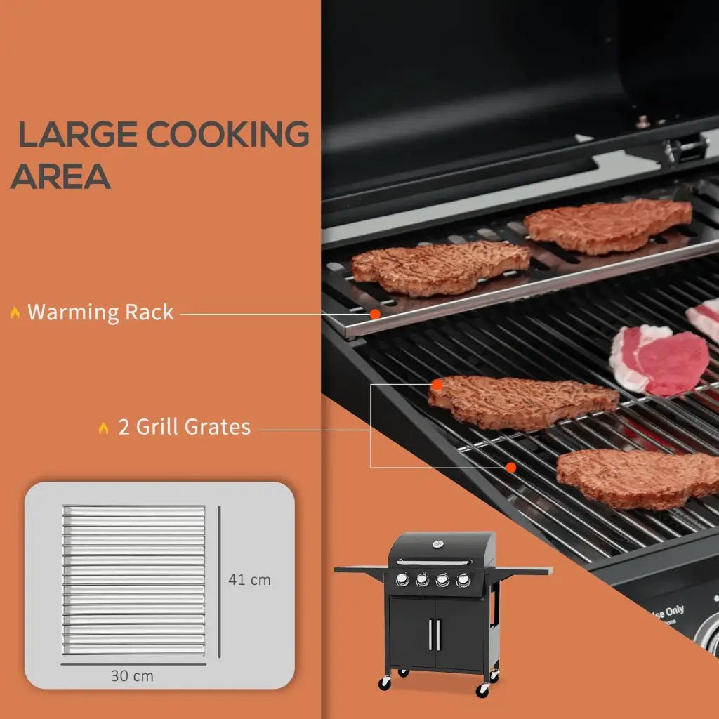 Outsunny 4 Burner Gas BBQ Grill Outdoor Portable Barbecue Trolley w/ Warming Rack, Side Shelves, Storage Cabinet, Thermometer 846 - 103V71BK - Garden & Outdoor