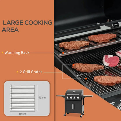 Outsunny 4 Burner Gas BBQ Grill Outdoor Portable Barbecue Trolley w/ Warming Rack, Side Shelves, Storage Cabinet, Thermometer 846 - 103V71BK - Garden & Outdoor