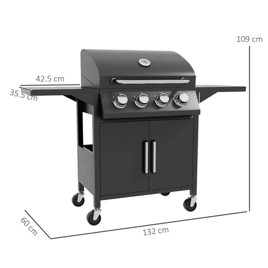Outsunny 4 Burner Gas BBQ Grill Outdoor Portable Barbecue Trolley w/ Warming Rack, Side Shelves, Storage Cabinet, Thermometer 846 - 103V71BK - Garden & Outdoor