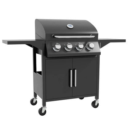 Outsunny 4 Burner Gas BBQ Grill Outdoor Portable Barbecue Trolley w/ Warming Rack, Side Shelves, Storage Cabinet, Thermometer 846 - 103V71BK - Garden & Outdoor