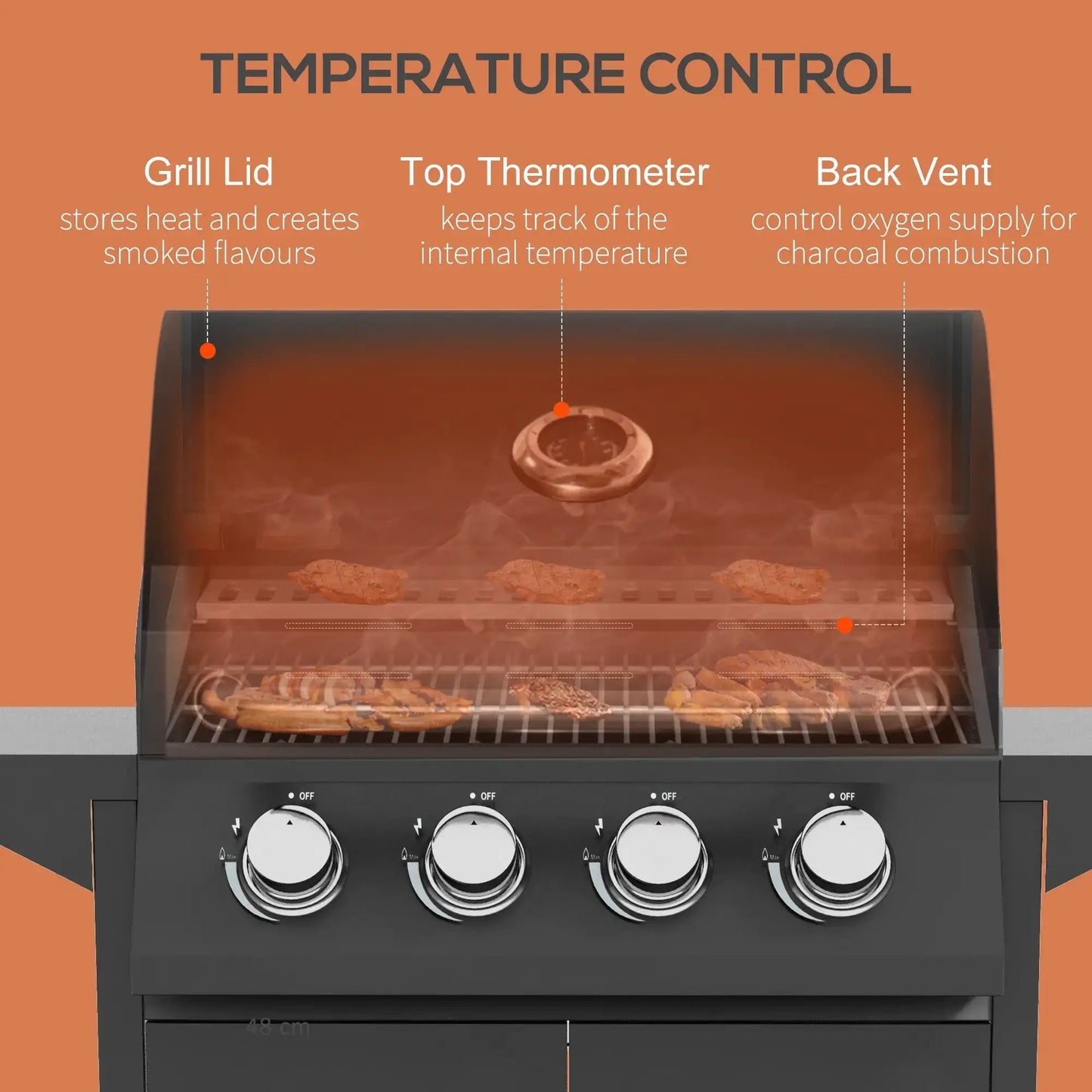 Outsunny 4 Burner Gas BBQ Grill Outdoor Portable Barbecue Trolley w/ Warming Rack, Side Shelves, Storage Cabinet, Thermometer 846 - 103V71BK - Garden & Outdoor