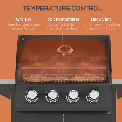 Outsunny 4 Burner Gas BBQ Grill Outdoor Portable Barbecue Trolley w/ Warming Rack, Side Shelves, Storage Cabinet, Thermometer 846 - 103V71BK - Garden & Outdoor