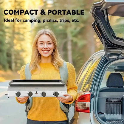 Outsunny 4-burner portable gas grill in silver and black with four control knobs and compact design for easy transport