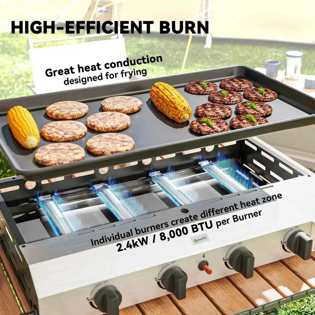 Outsunny silver and black 4-burner portable gas grill with flat griddle surface for cooking burgers and corn