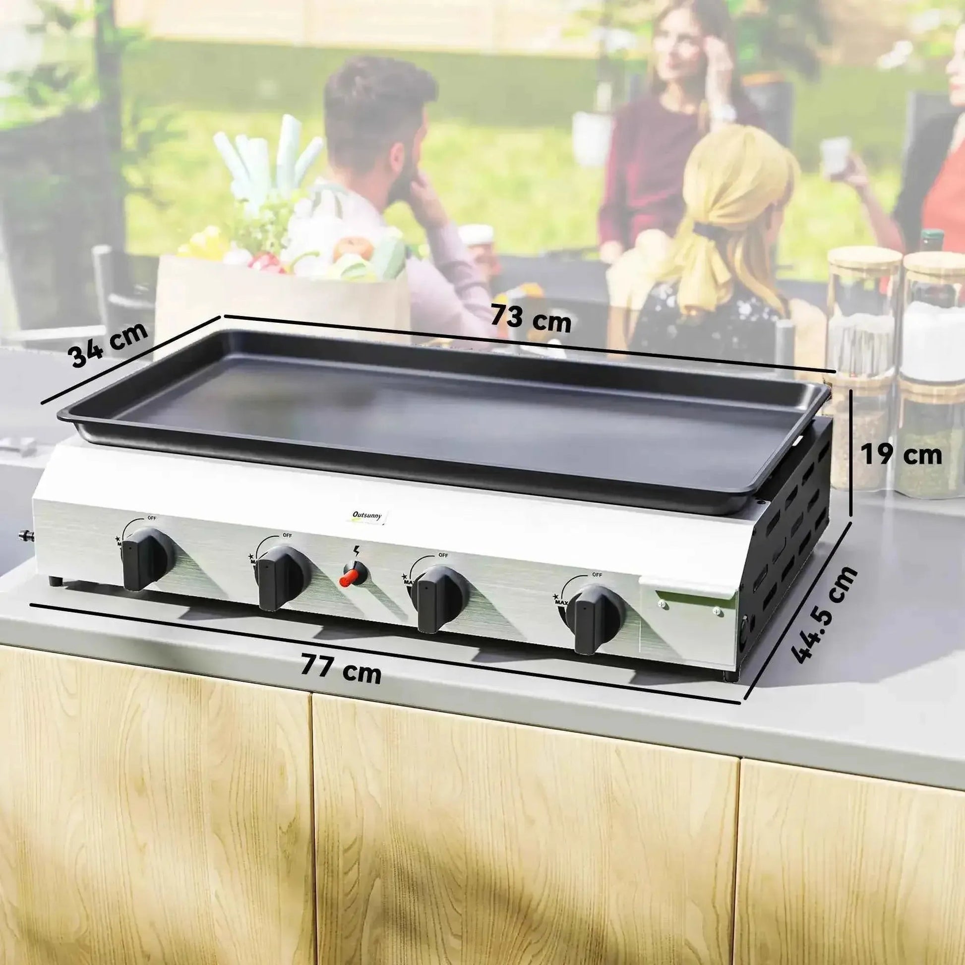 Outsunny 4-burner portable gas grill with silver and black metal body flat cooking surface and four control knobs