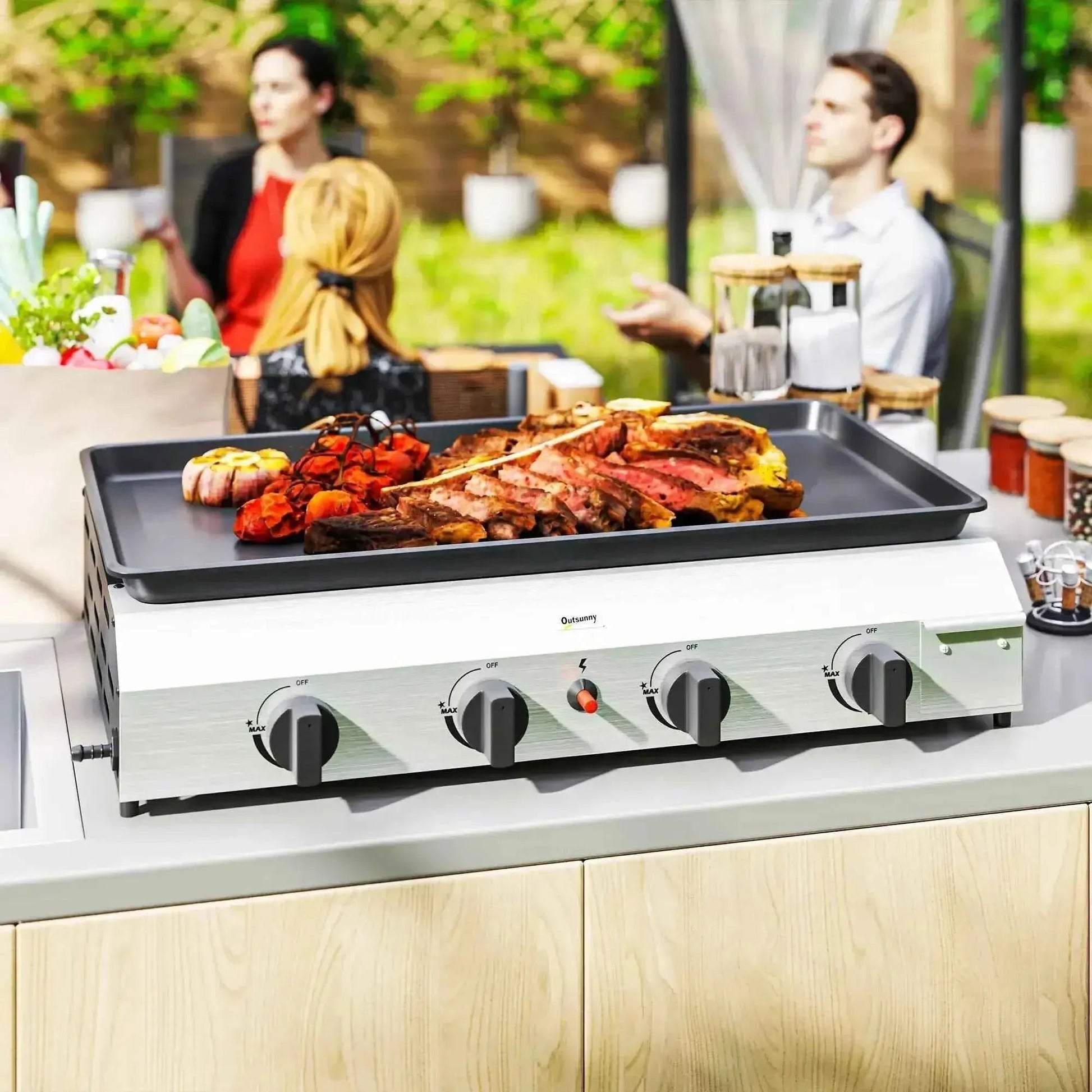 Outsunny stainless steel outdoor gas griddle with black cooking surface and four control knobs for grilling