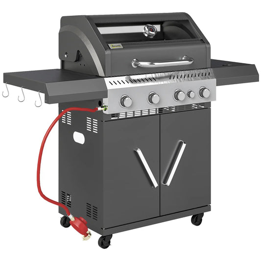 Outsunny 4+1 Burner Gas BBQ Grill – Clear Lid, Thermometer, Black | 846 - 195V70BK - BBQs & Grills
