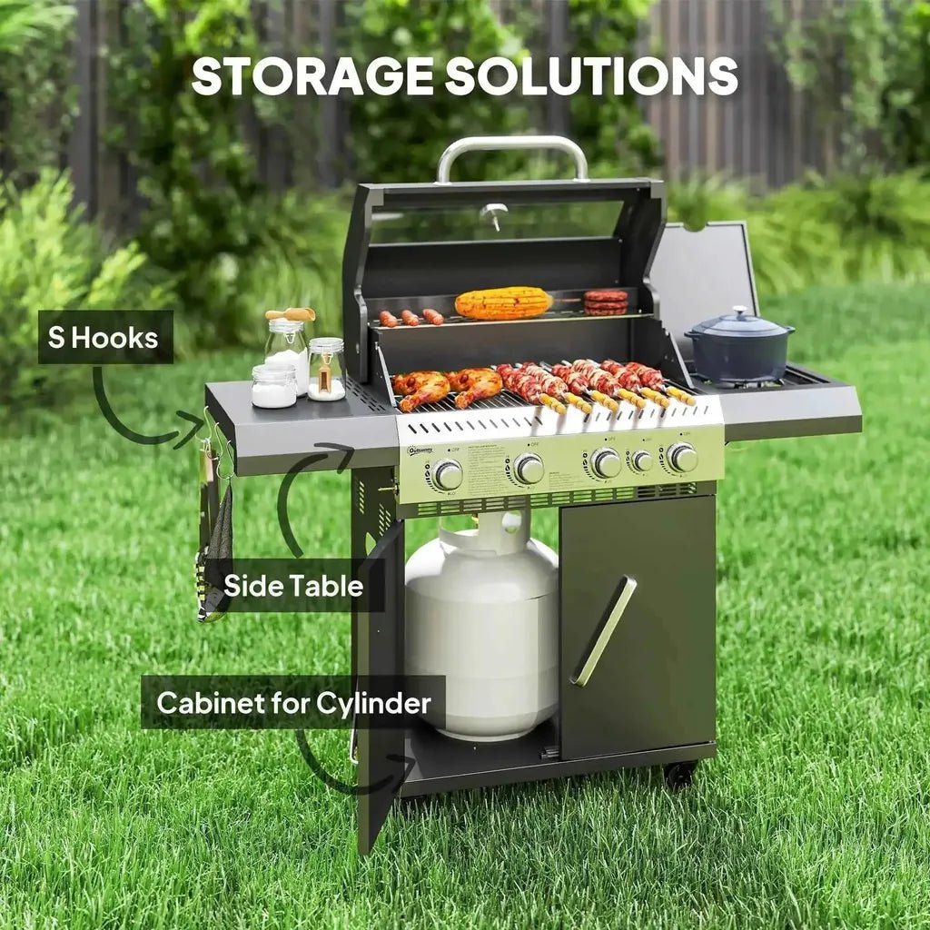 Outsunny 4+1 burner gas bbq grill with clear lid thermometer black stainless steel side table hooks and cylinder cabinet