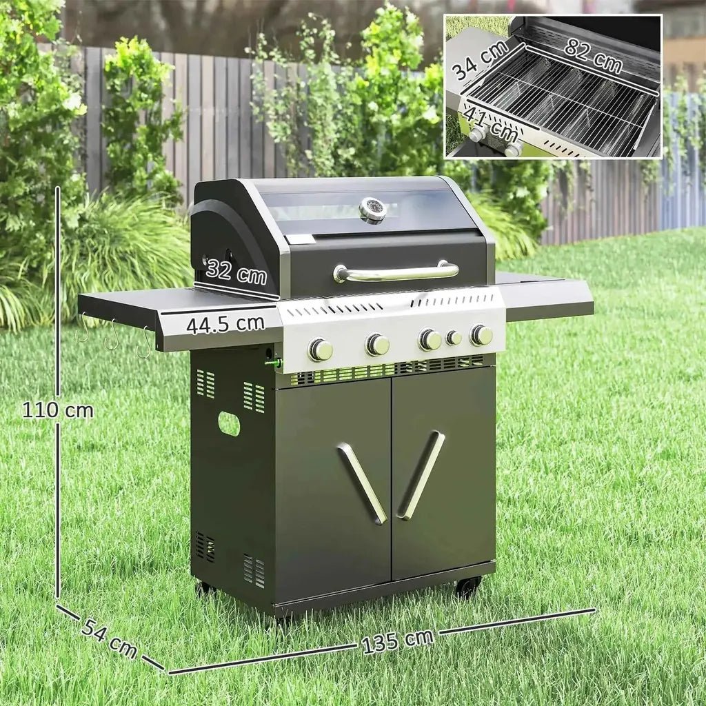 Outsunny black stainless steel 4 plus 1 burner gas bbq grill with silver handles side shelf and storage cabinet
