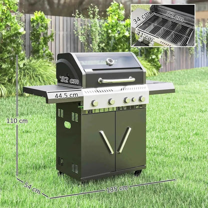 Outsunny black stainless steel 4 plus 1 burner gas bbq grill with silver handles side shelf and storage cabinet