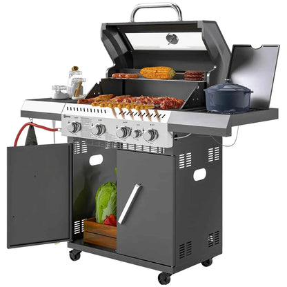 Outsunny 4+1 Burner Gas BBQ Grill – Clear Lid, Thermometer, Black | 846-195V70BK