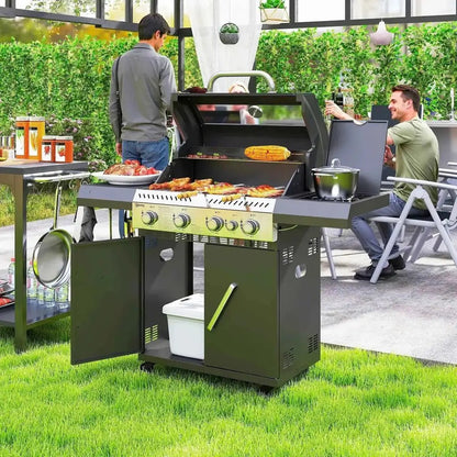 Outsunny 4 plus 1 burner black and stainless steel gas bbq grill with clear lid thermometer and built-in cooler
