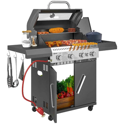 Outsunny 4+1 Burner Gas BBQ Grill – Clear Lid, Thermometer, Black | 846-195V70BK