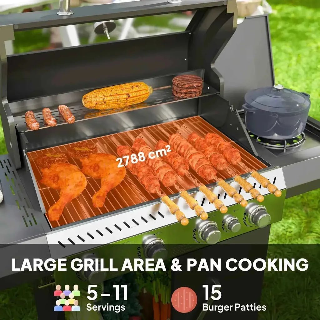 Outsunny 4 plus 1 burner black and green gas BBQ grill with clear lid, thermometer, copper cooking surface grilling food