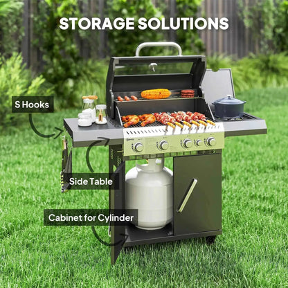 Outsunny 4+1 Burner Gas BBQ Grill – Clear Lid, Thermometer, Black | 846-195V70BK