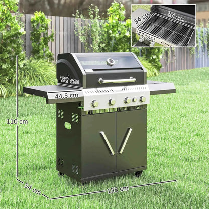 Outsunny 4+1 Burner Gas BBQ Grill – Clear Lid, Thermometer, Black | 846-195V70BK