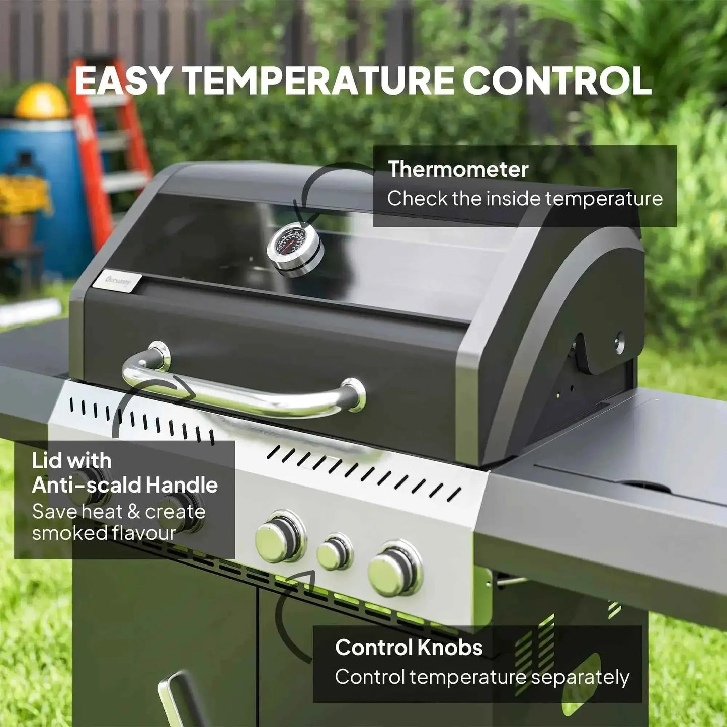 Outsunny 4+1 Burner Gas BBQ Grill – Clear Lid, Thermometer, Black | 846-195V70BK