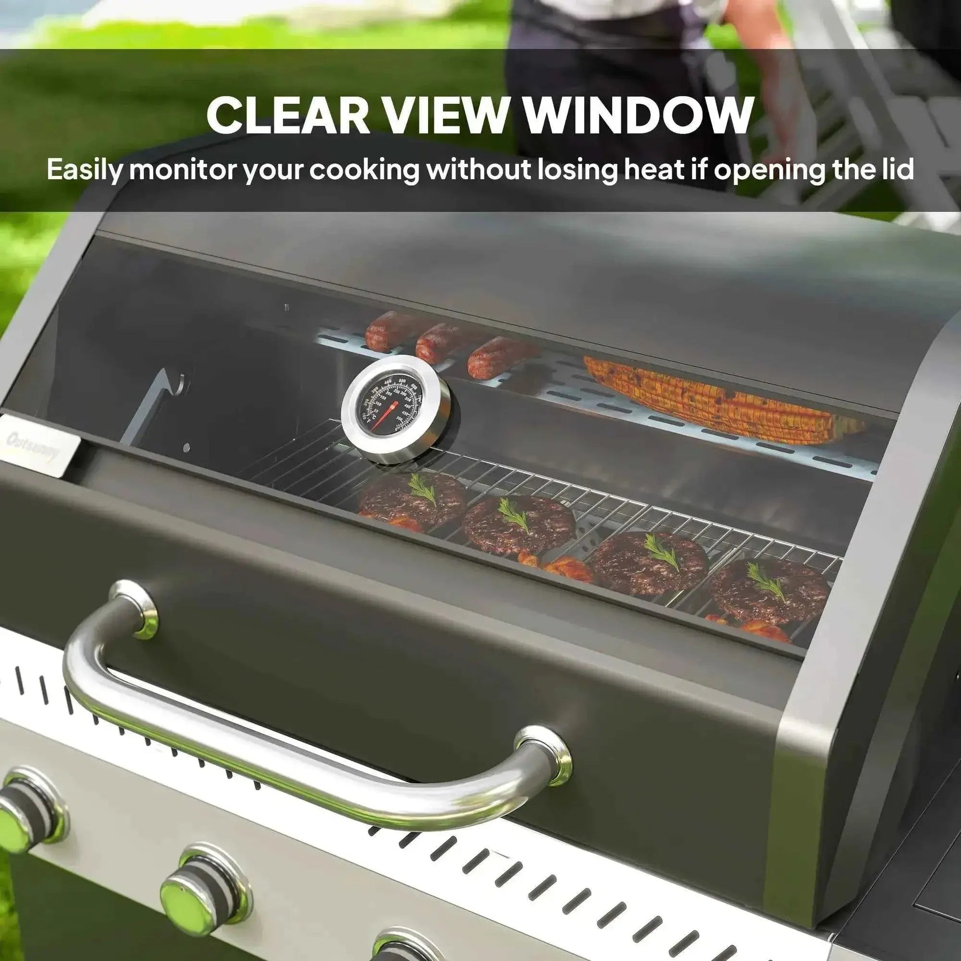 Outsunny 4+1 Burner Gas BBQ Grill – Clear Lid, Thermometer, Black | 846-195V70BK