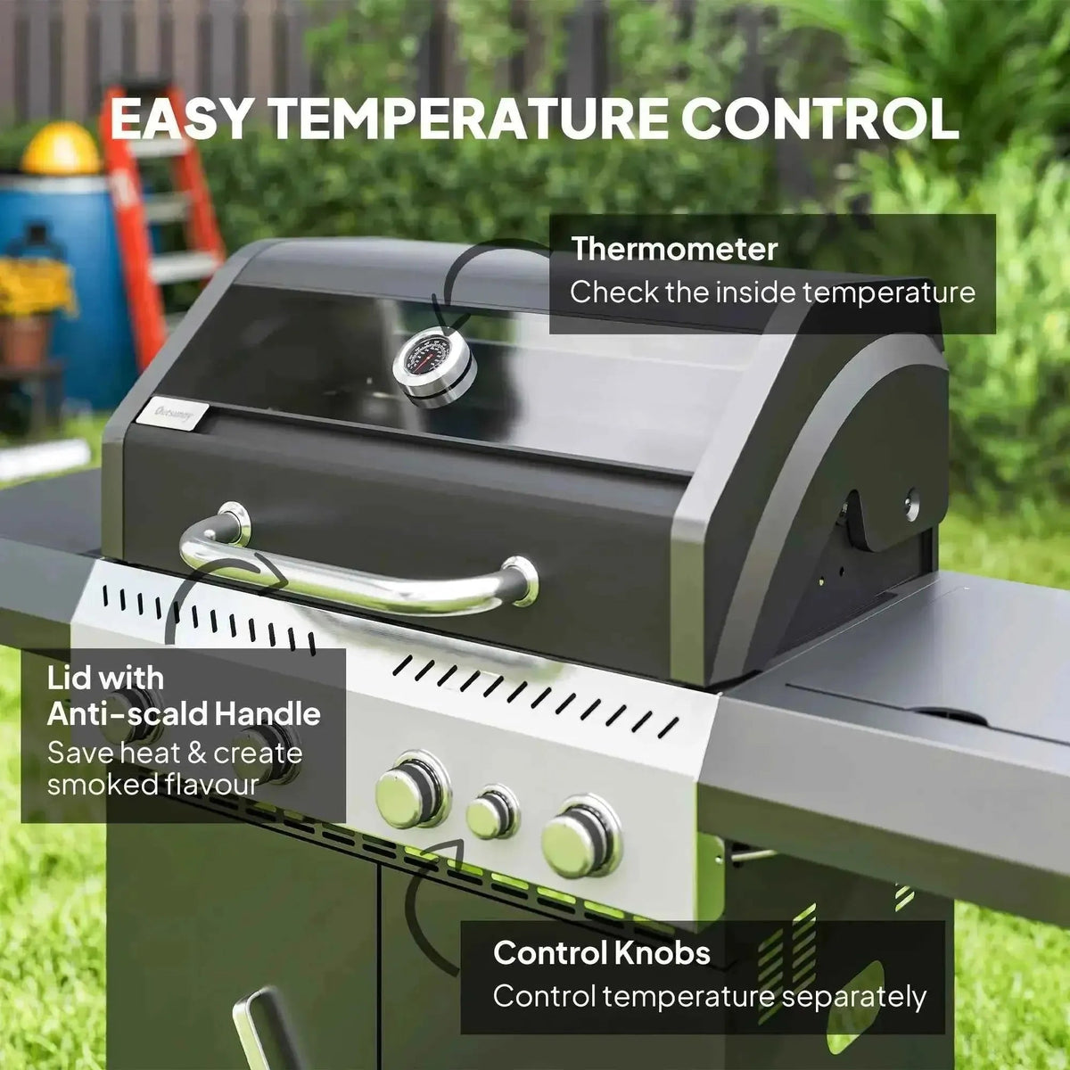 Outsunny 4 plus 1 burner black and stainless steel gas bbq grill with built-in thermometer and anti-scald handle lid