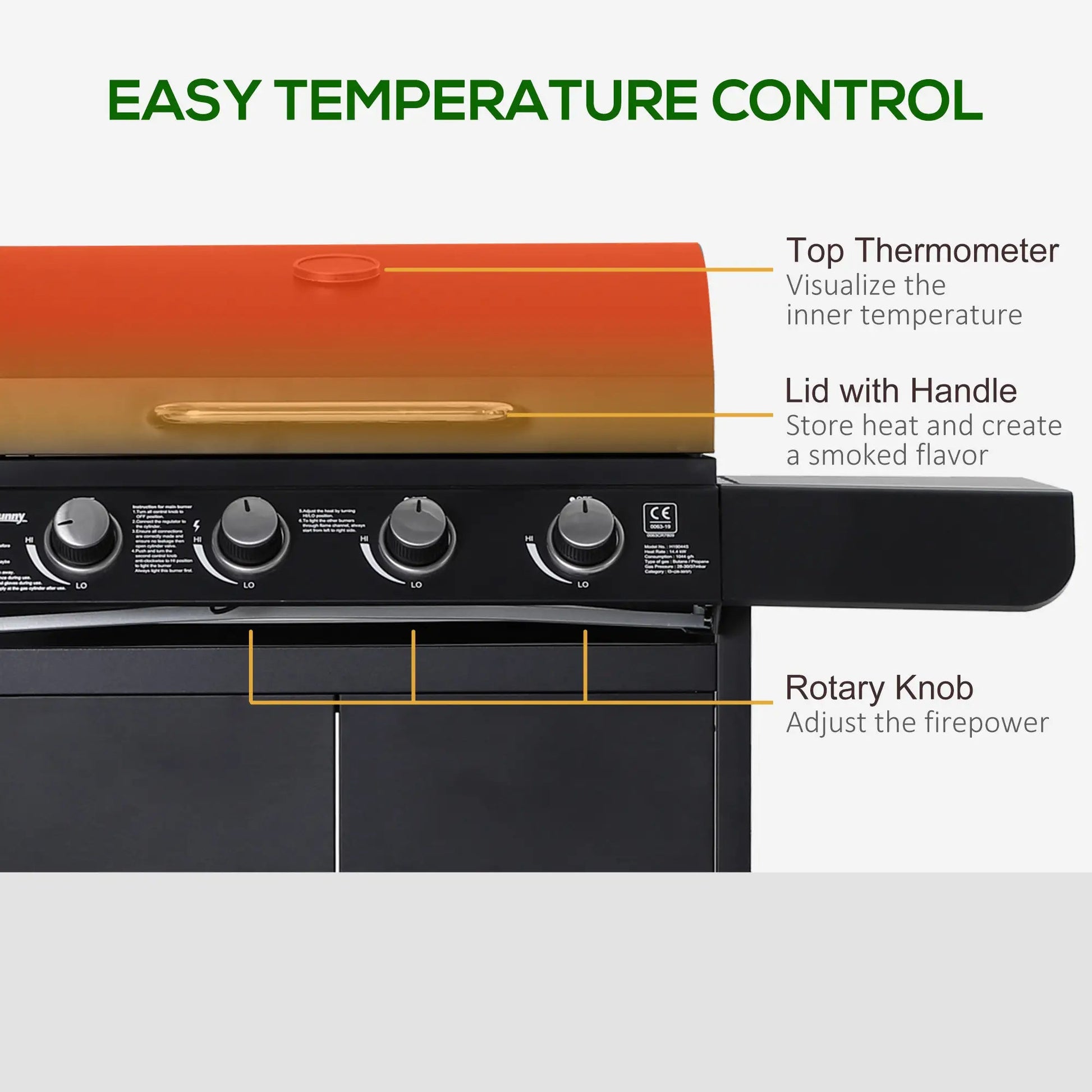 Outsunny 4+1 Burner Gas BBQ Grill, Outdoor Barbecue Trolley with Wheels, Warming Rack, Side Shelves, Cabinet, Thermometer for Garden, Party, Camping, 125 L x 51 W x 100 H cm, Black | 846 - 016 - Gas BBQs