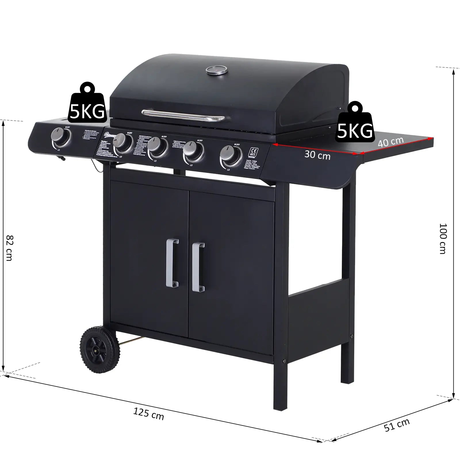 Outsunny 4+1 Burner Gas BBQ Grill, Outdoor Barbecue Trolley with Wheels, Warming Rack, Side Shelves, Cabinet, Thermometer for Garden, Party, Camping, 125 L x 51 W x 100 H cm, Black | 846 - 016 - Gas BBQs