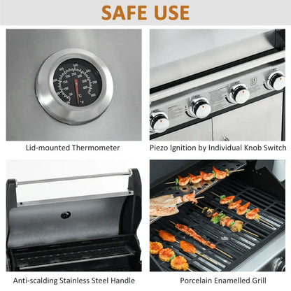 Outsunny Gas Barbecue Grill 4+1 Burner Garden Smoker BBQ Trolley w/ Side Burner Warming Rack Side Shelves Storage Cabinet Piezo Ignition Thermometer Stainless Steel + Metal 846 - 066 - Garden & Outdoor