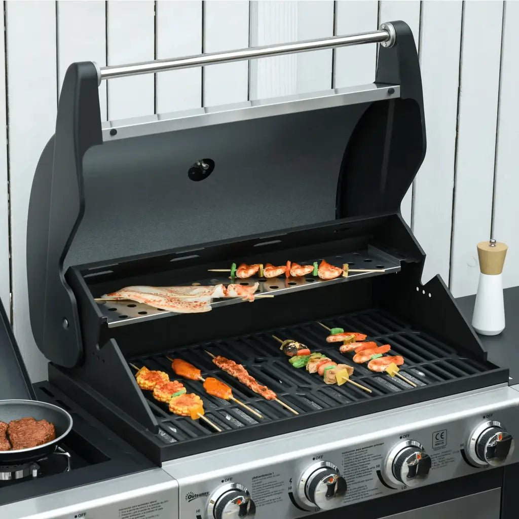 Outsunny Gas Barbecue Grill 4+1 Burner Garden Smoker BBQ Trolley w/ Side Burner Warming Rack Side Shelves Storage Cabinet Piezo Ignition Thermometer Stainless Steel + Metal 846 - 066 - Garden & Outdoor