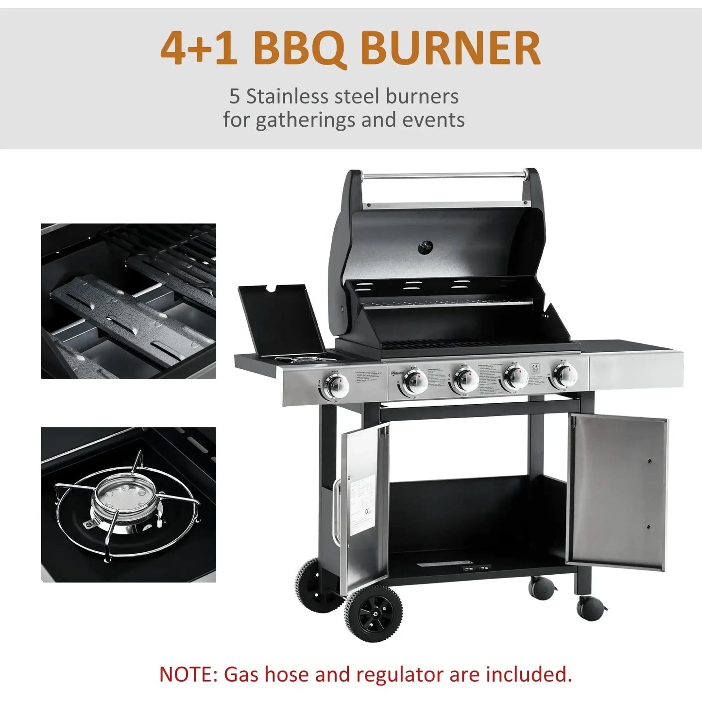 Outsunny Gas Barbecue Grill 4+1 Burner Garden Smoker BBQ Trolley w/ Side Burner Warming Rack Side Shelves Storage Cabinet Piezo Ignition Thermometer Stainless Steel + Metal 846 - 066 - Garden & Outdoor