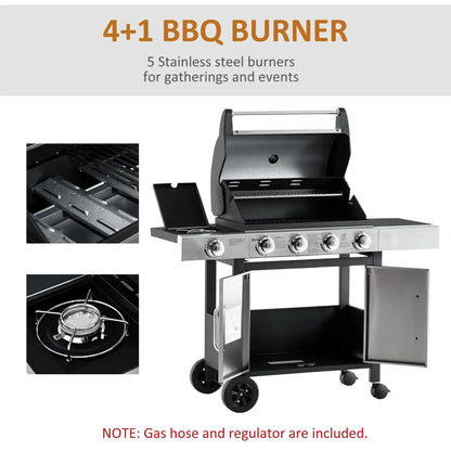 Outsunny Gas Barbecue Grill 4+1 Burner Garden Smoker BBQ Trolley w/ Side Burner Warming Rack Side Shelves Storage Cabinet Piezo Ignition Thermometer Stainless Steel + Metal 846 - 066 - Garden & Outdoor