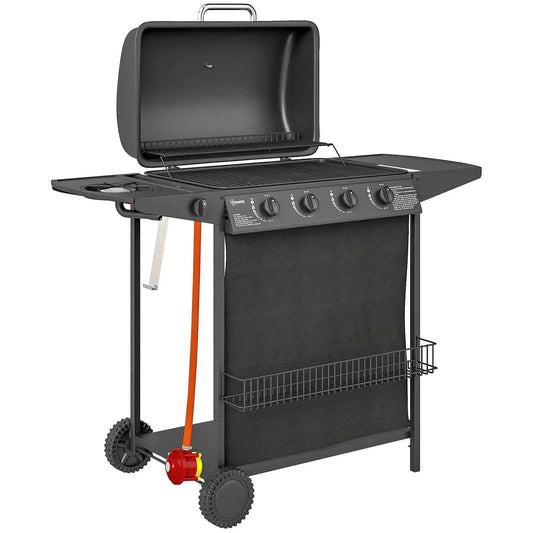 Outsunny 4+1 Burner Gas BBQ Grill – Thermometer, Side Table, Black | 846-172V70BK