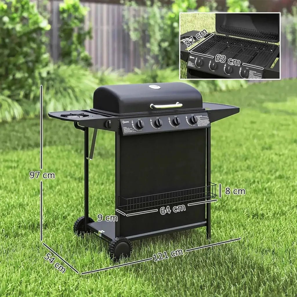 Outsunny black outdoor gas grill with four control knobs, thermometer, side table, and sturdy metal frame