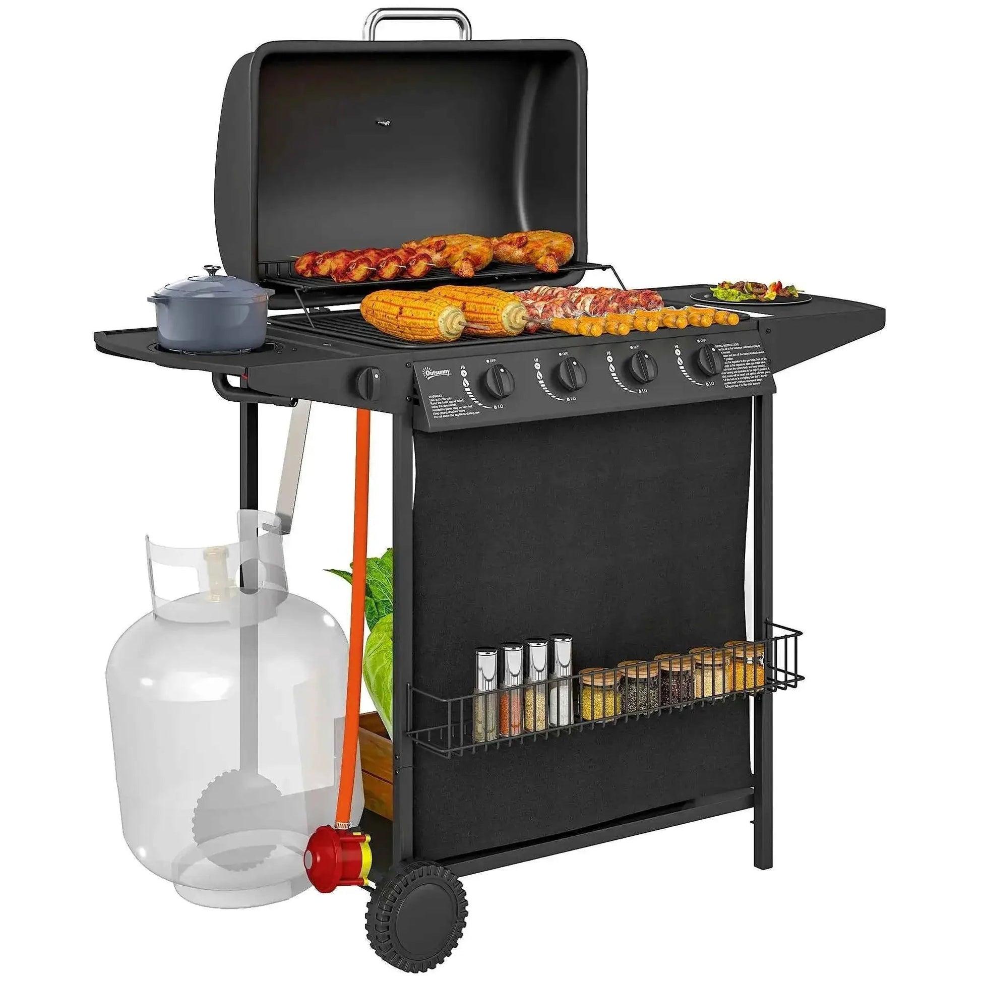 Outsunny 4+1 Burner Gas BBQ Grill – Thermometer, Side Table, Black | 846-172V70BK
