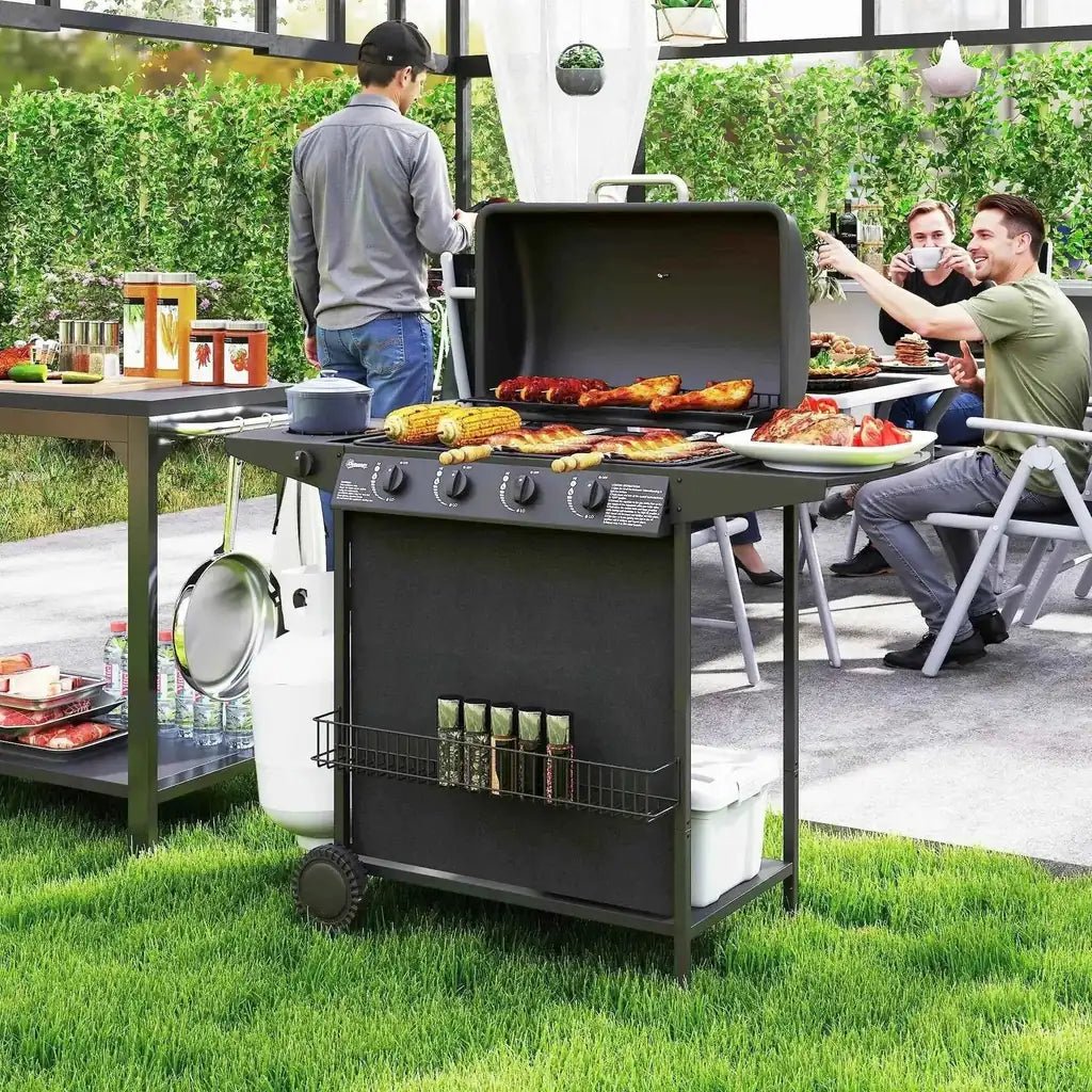 Black Outsunny 4 plus 1 burner gas BBQ grill with thermometer wheels side table and storage shelves
