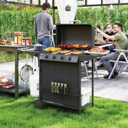 Black Outsunny 4 plus 1 burner gas BBQ grill with thermometer wheels side table and storage shelves