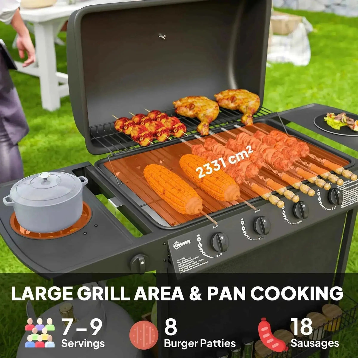 Outsunny 4 plus 1 burner black gas bbq grill with wooden cooking surface side burner and skewers of meat and corn cooking