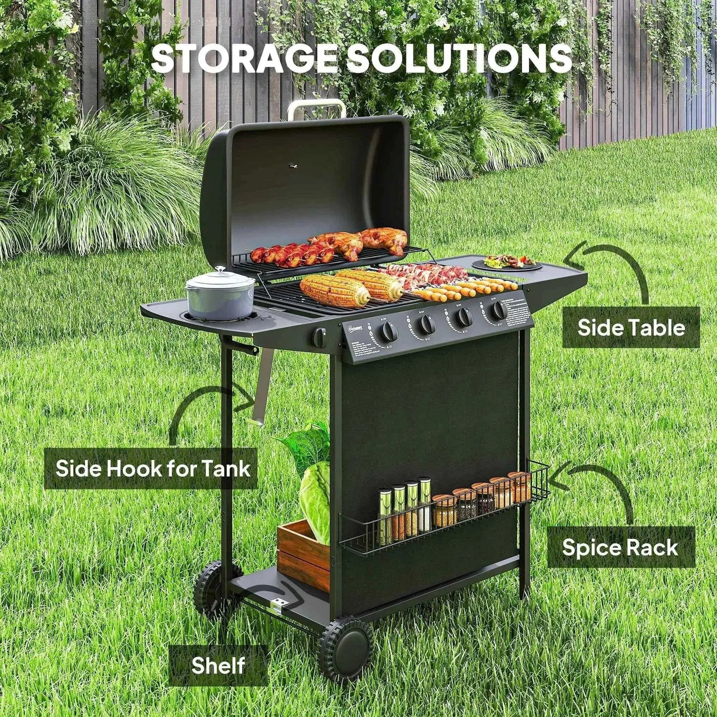 Outsunny 4+1 Burner Gas BBQ Grill – Thermometer, Side Table, Black | 846-172V70BK