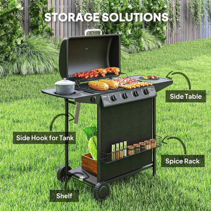 Outsunny 4+1 Burner Gas BBQ Grill – Thermometer, Side Table, Black | 846-172V70BK