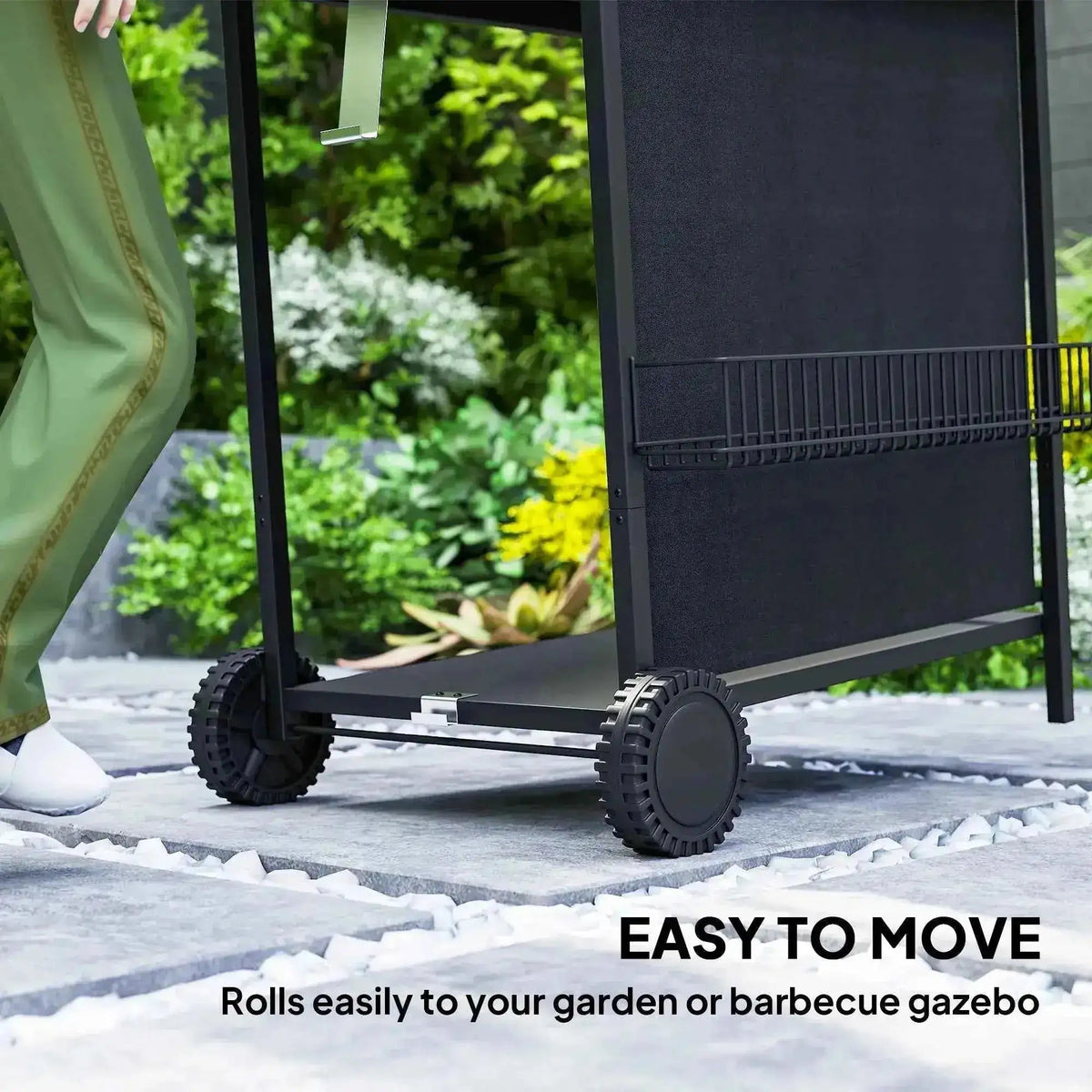 Outsunny 4+1 burner gas bbq grill in black metal with rugged wheels and side rack for easy outdoor mobility