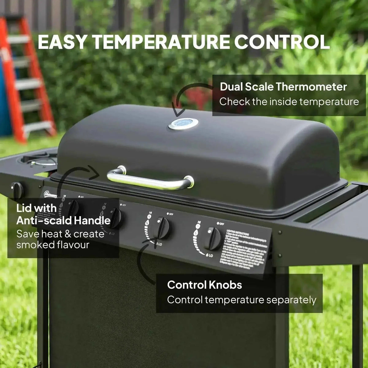 Outsunny black 4 plus 1 burner gas bbq grill with silver handle and dual scale thermometer on lid for outdoor cooking
