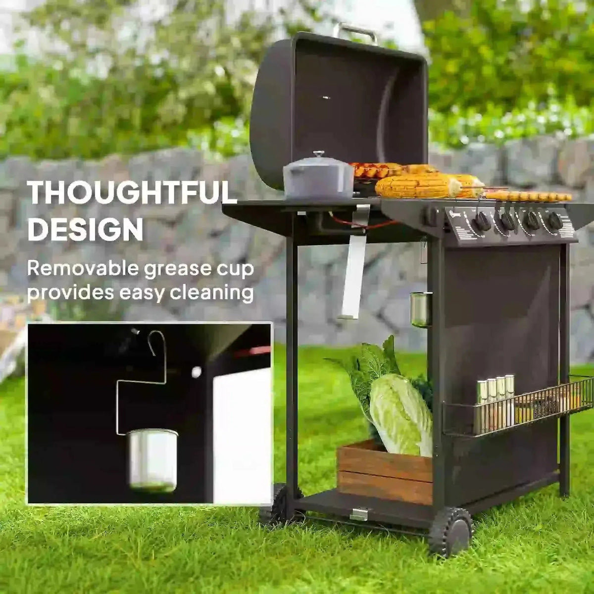 Outsunny 4+1 burner black gas grill with thermometer side table removable grease cup and storage shelves