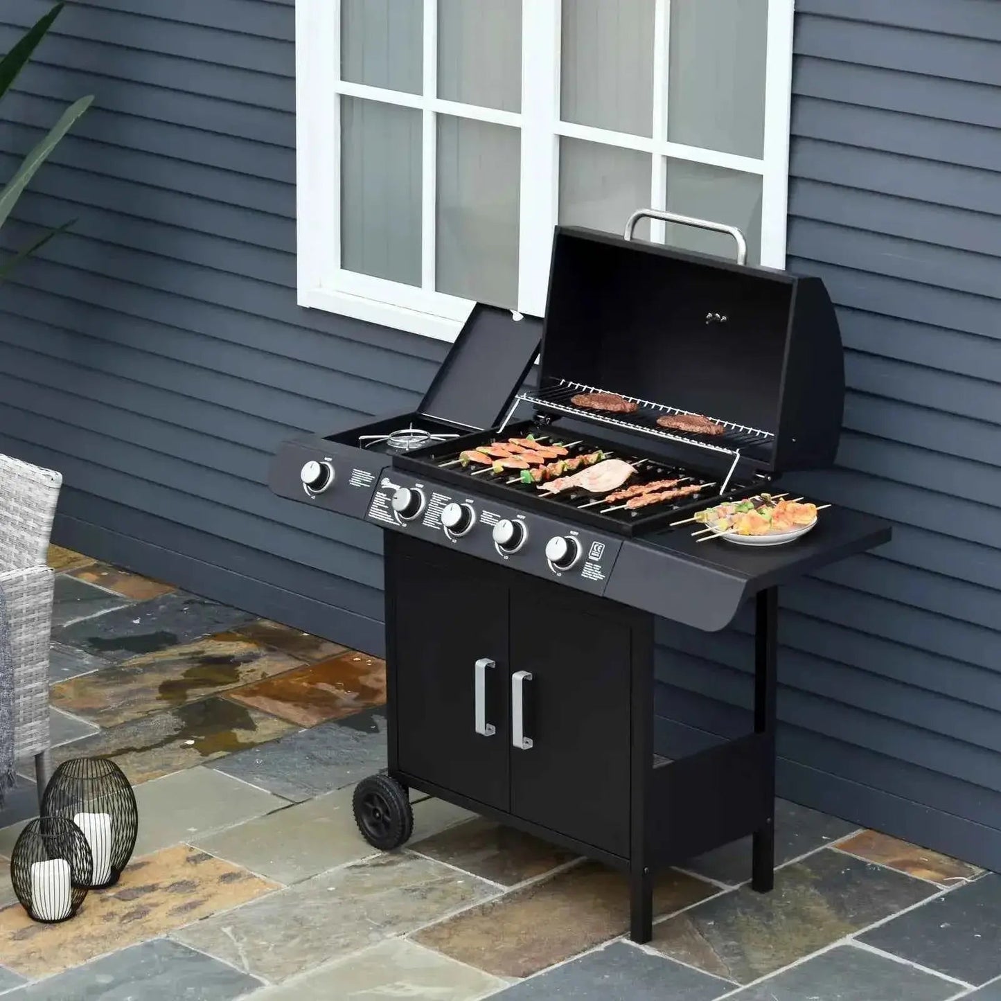 Outsunny 4+1 Burner Gas BBQ Grill with Trolley, Storage & Thermometer - Black | 846-016