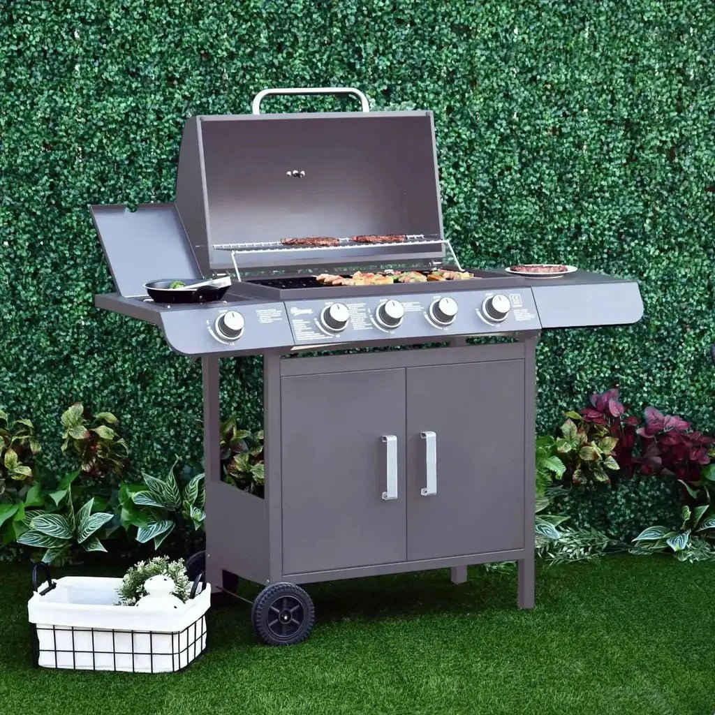 Outsunny gray stainless steel gas bbq grill with 4 plus 1 burners, trolley, storage, side cabinet, and thermometer