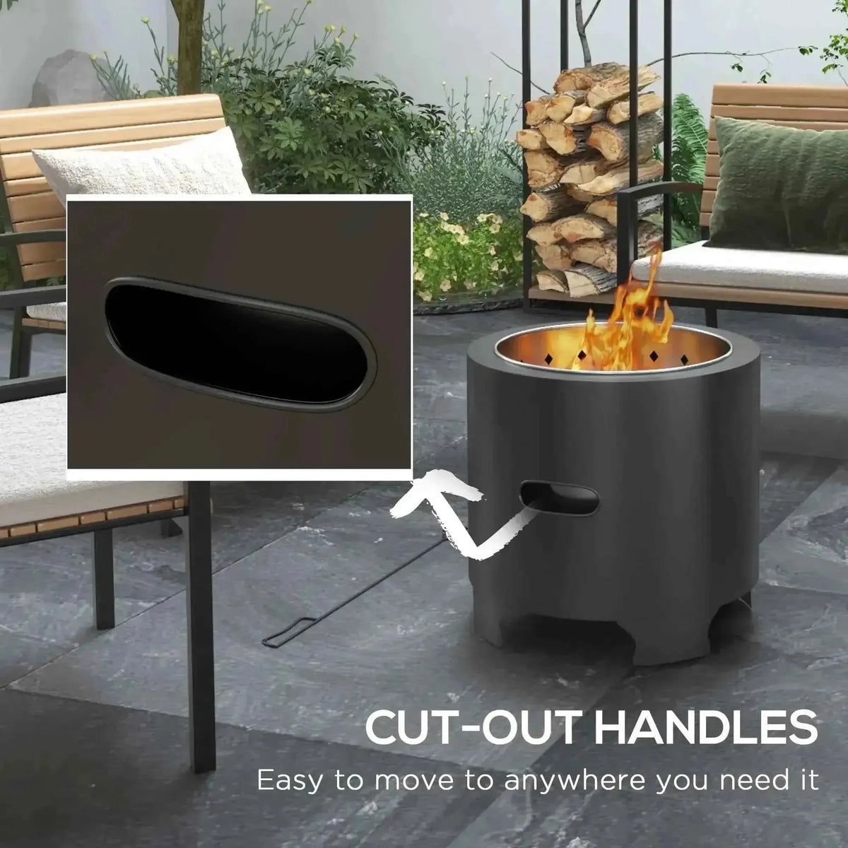 Outsunny 45cm smokeless round black fire pit with dark gray cylindrical body and cut-out handles for easy mobility