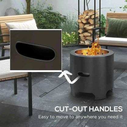 Outsunny 45cm smokeless round black fire pit with dark gray cylindrical body and cut-out handles for easy mobility