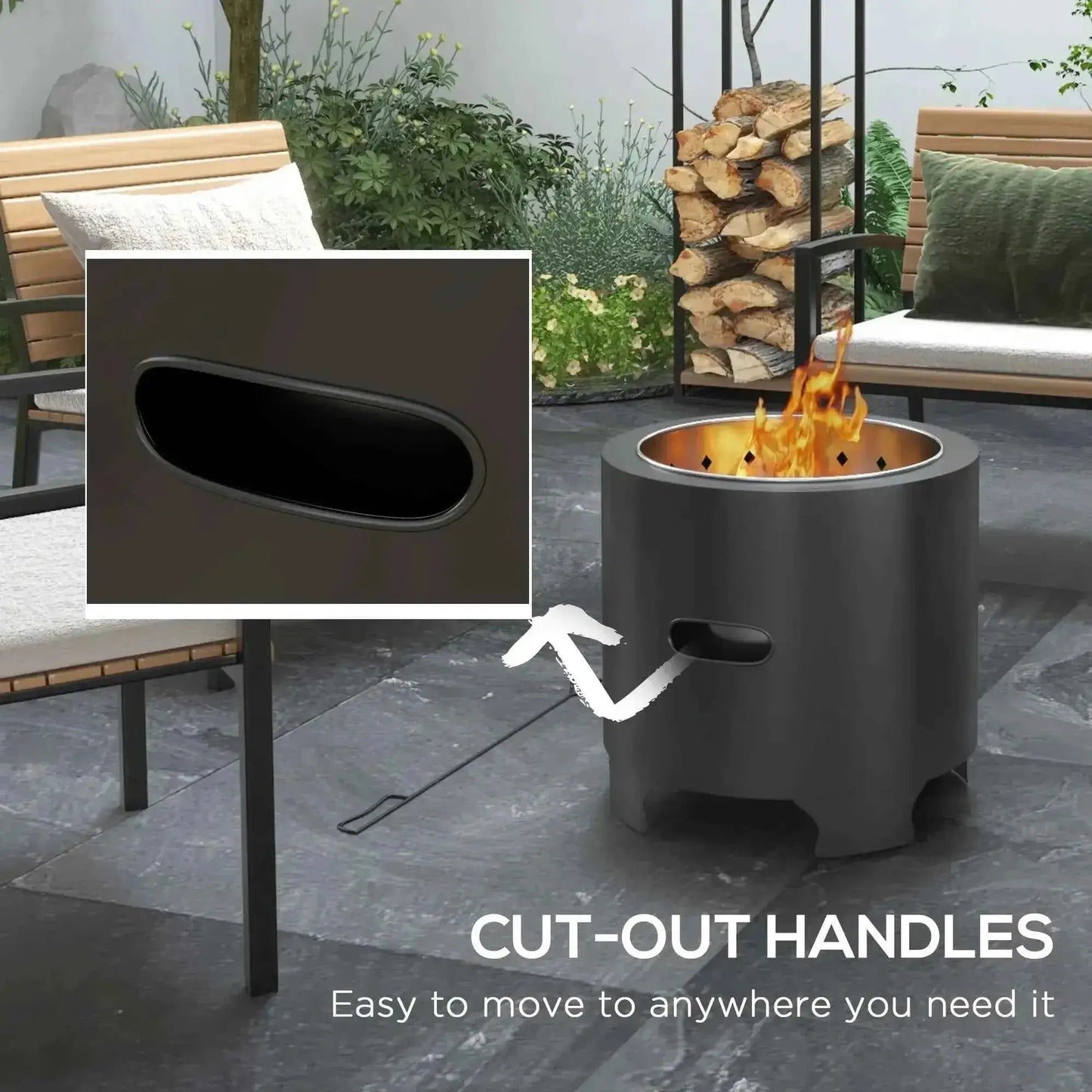 Outsunny 45cm Smokeless Round Fire Pit with Poker - Black | 842-327V00BK