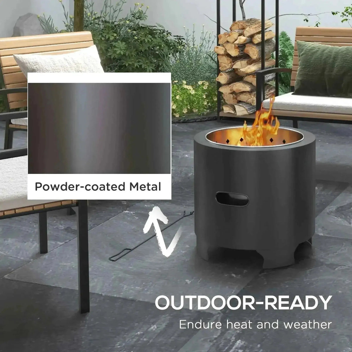 Outsunny 45cm smokeless round fire pit in black powder-coated metal with copper-lined interior and side handle