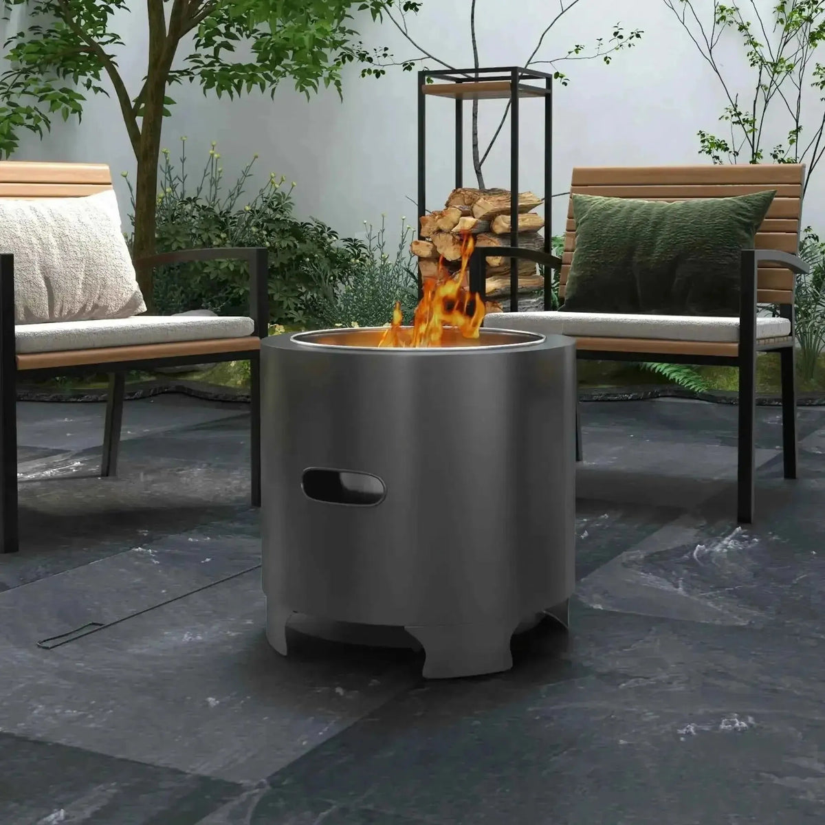 Silver cylindrical outdoor fire pit with handle burning flames smokeless round black outsunny 45cm