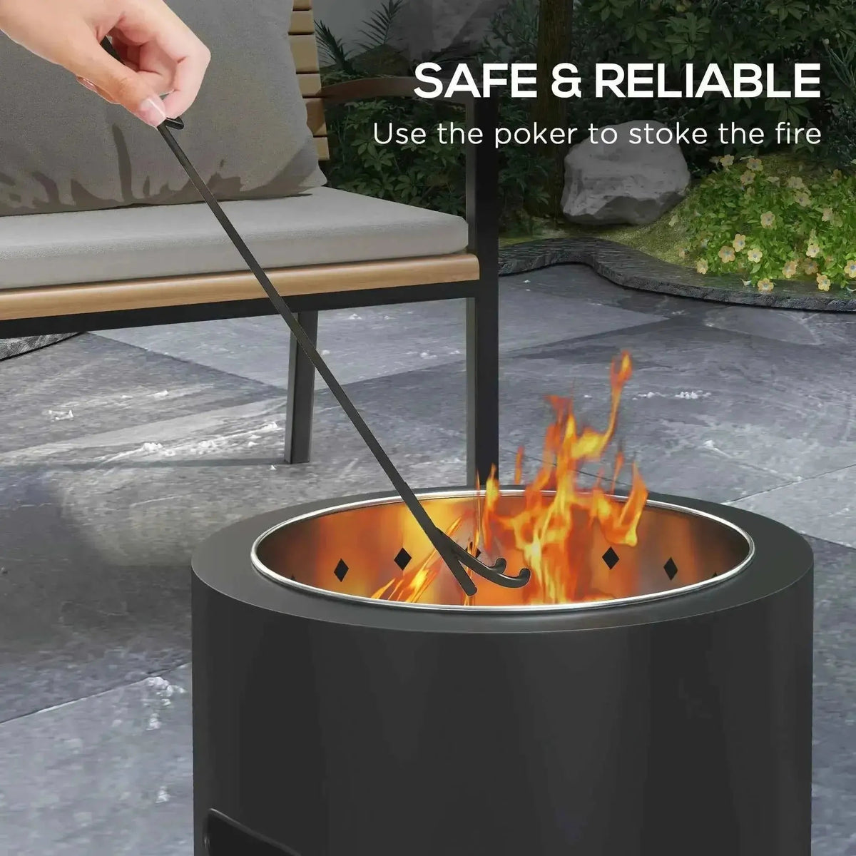Black metal fire poker with curved hook for safely stoking flames in outdoorsunny 45cm smokeless fire pit