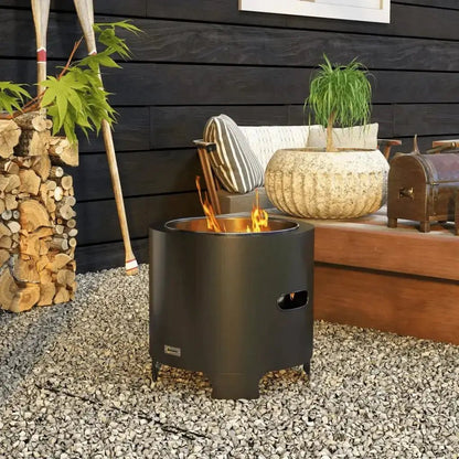 Outsunny Smokeless Fire Pit, 45cm Portable Wood Burning Firepit, Round Metal Bonfire Stove with Poker for Garden, Camping, Black 842 - 327V00BK - Garden & Outdoor
