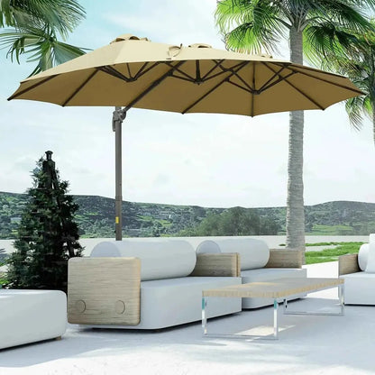 Beige outsunny 4.5m double-sided parasol with crank handle, sturdy metal frame, wooden accents, and 360° base